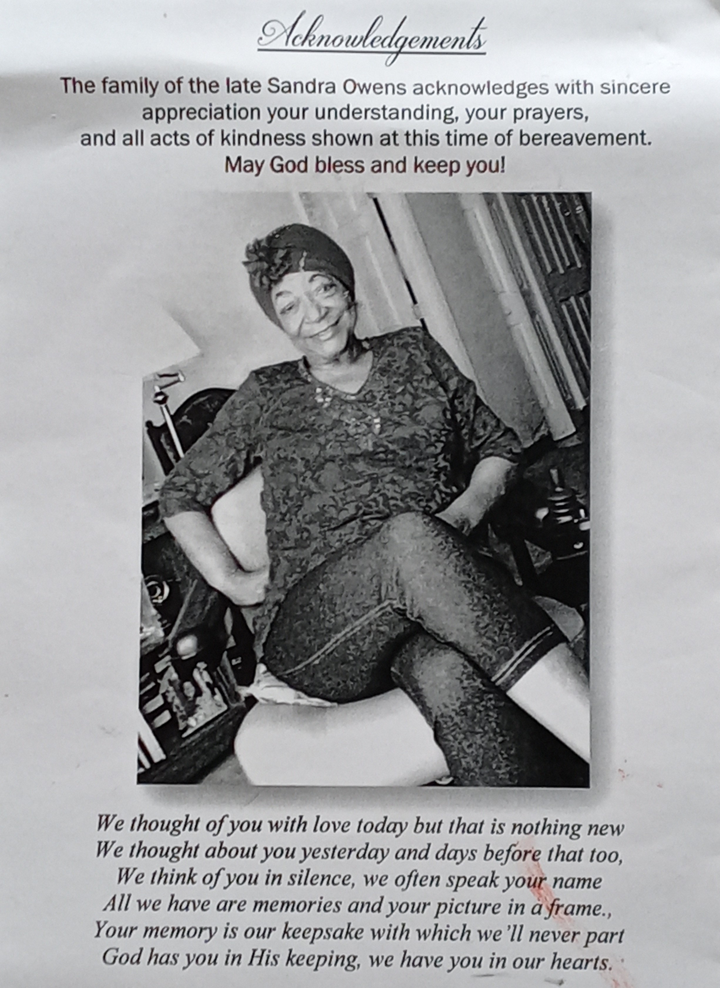 On the back of the pamphlet. Image description: Sandra Owens strikes a sassy attitude pose with her smile and arms on her cury waists. She is sitting on her chair. 

Notes: "We thought of you with love today but that is nothing new. We thought about you yesterday and days before that too, we think of you in silence, we often speak your name, all we have are memories and your picture in a frame, your memory is our keepsake with which we'll never part. God has you in His keeping, we have you in our hearts."